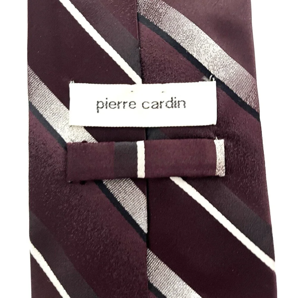 Pierre Cardin Tie Burgundy Purple Silver Diagonal Stripes length 58” 100% Silk